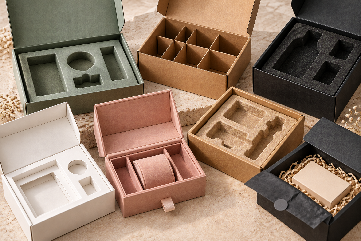 Top view of a box insert with cut-outs holding products
