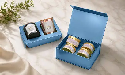 Custom blue mailer box with custom fit protective insert holding jar candles by Artsy Packaging UK