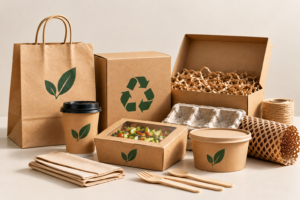 Sustainable kraft paper packaging boxes, bags, cups and food containers