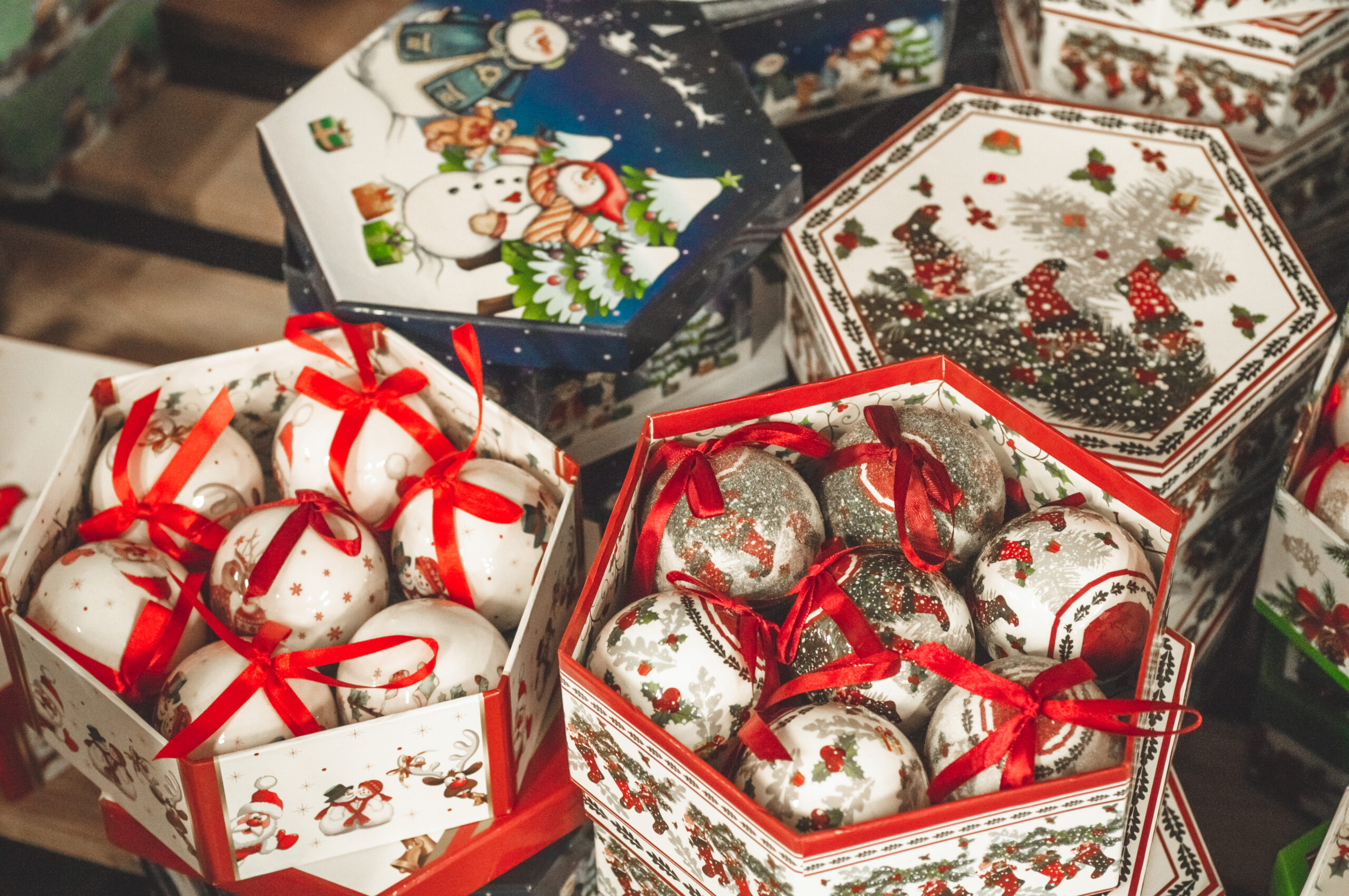 holiday christmas ornaments in boxes with ribbons 2026 03 24 07 08 24 utc