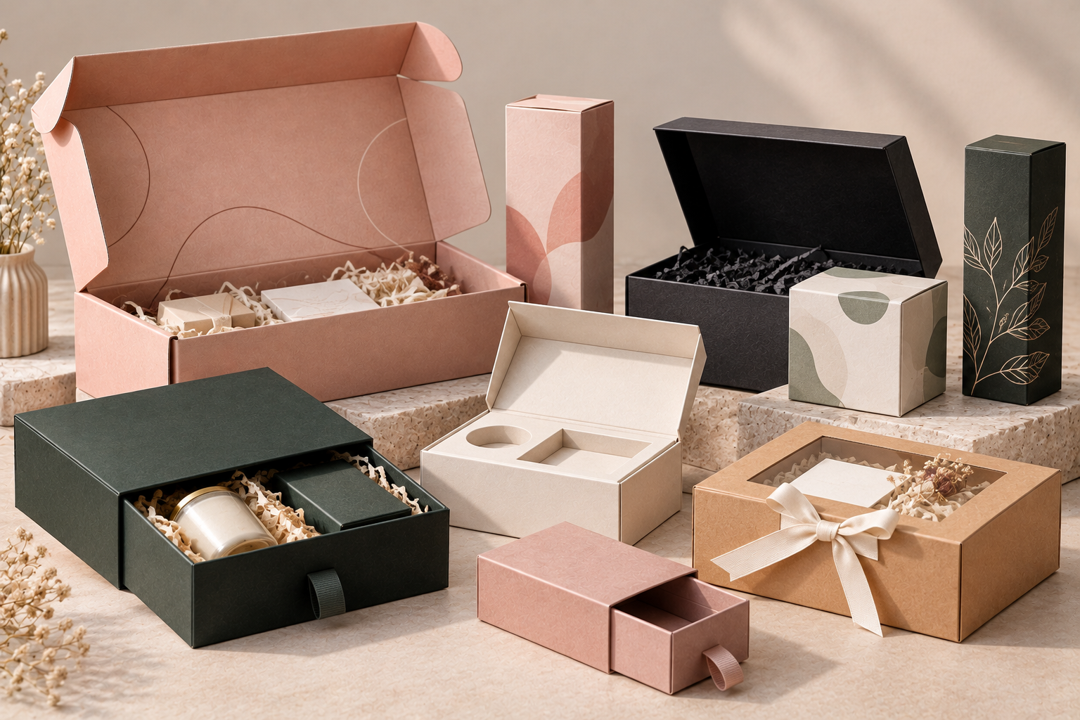 Purple influencer mailer kit open to show a white insert holding a bottle, a small box and a card