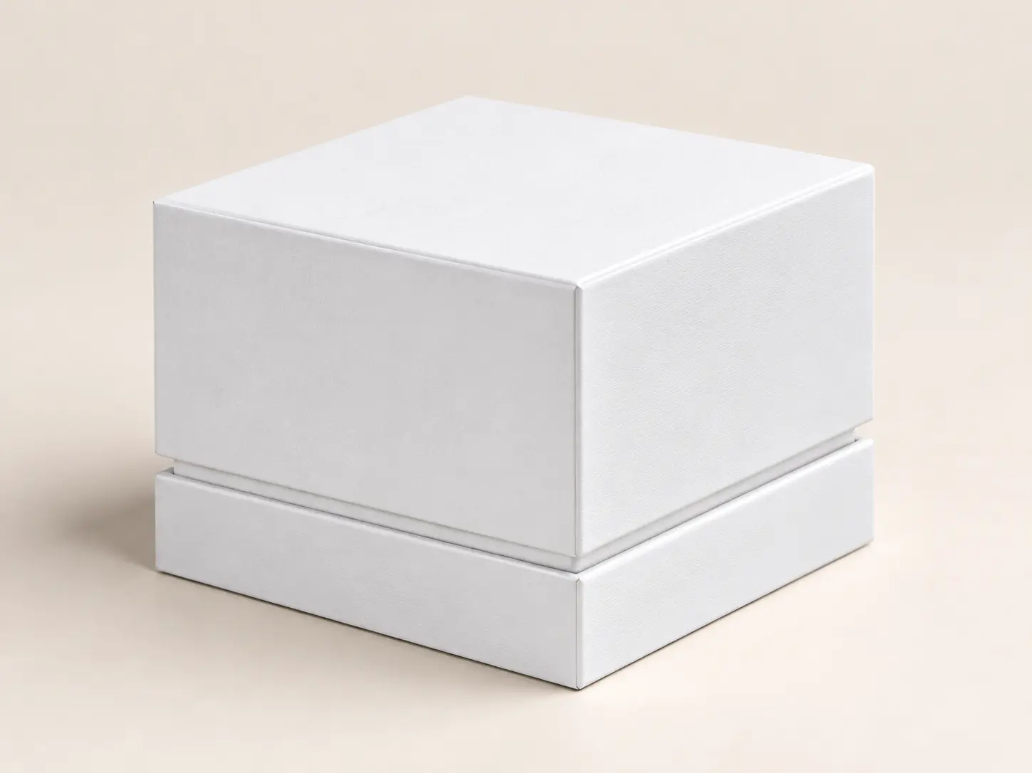 A kraft mailer with length, width and height dimension lines beside a purple carton and a small black rigid box