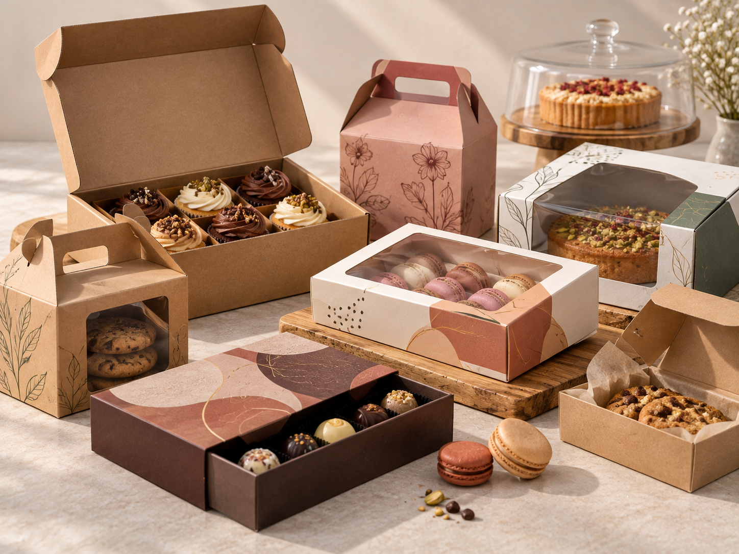White bakery box with a clear top window showing two iced cakes