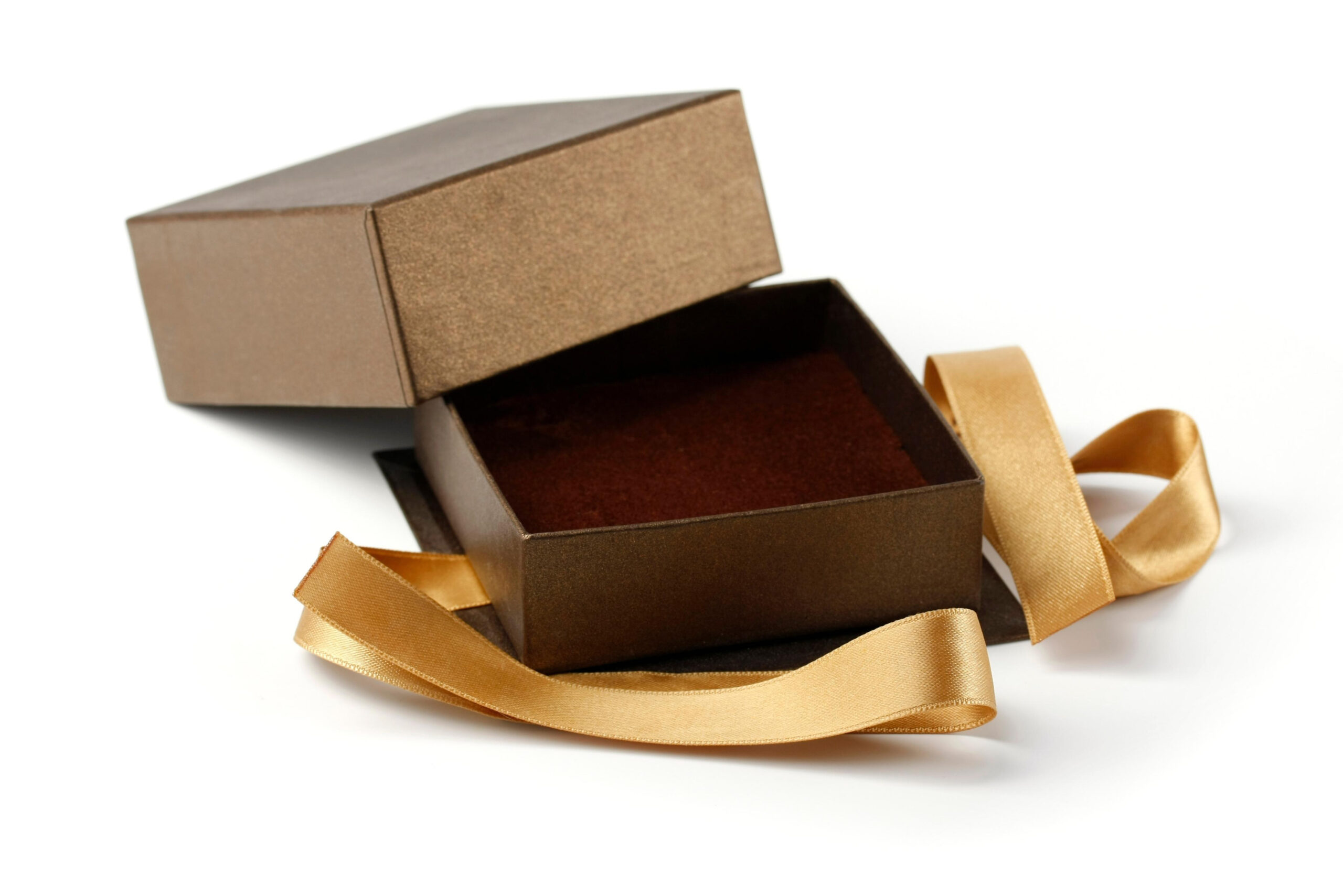 empty gift box with gold ribbon on white 2026 03 25 06 00 14 utc