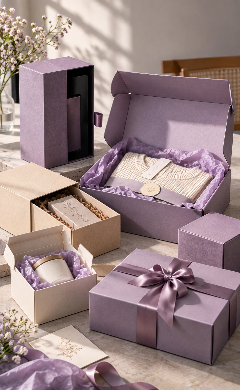 Branded gift boxes, cartons and a carrier bag