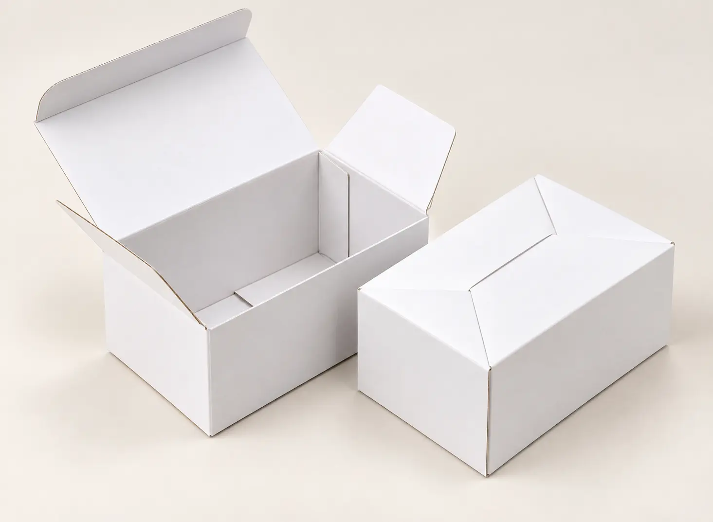 Tuck-top box with a hinged lid lifted to show the front tuck flap