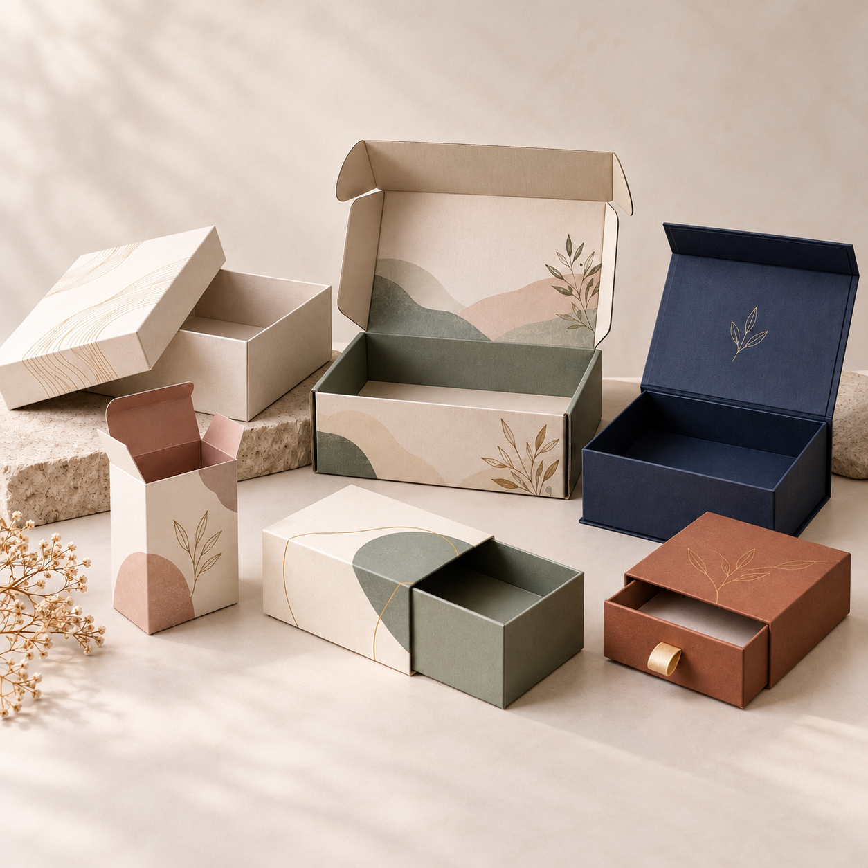 Artsy packaging styles: tuck-end cartons, an open kraft mailer, a purple rigid box with lid and a sleeve with tray