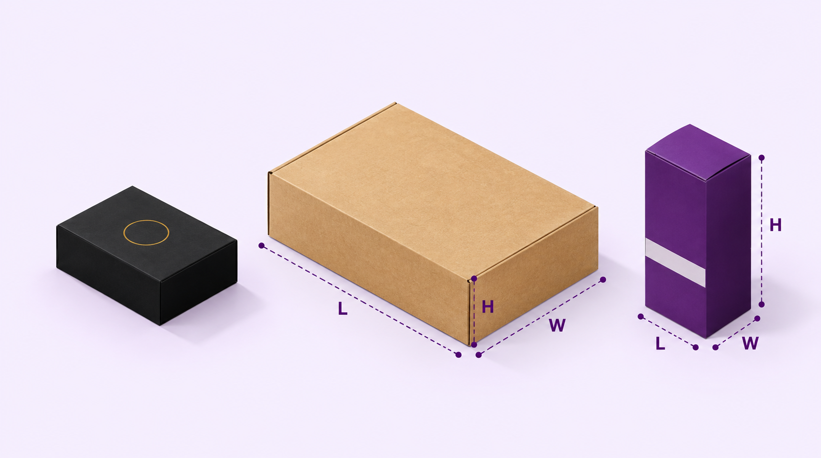Three printed tuck-end cartons of different heights lined up on a retail shelf