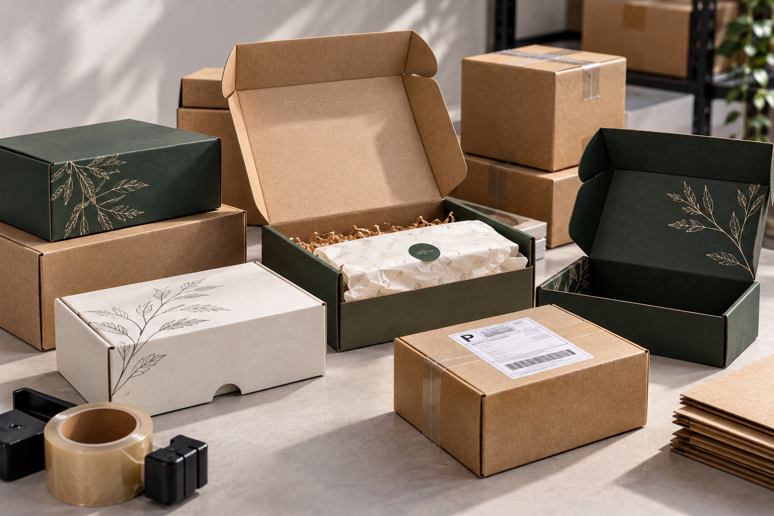 Two stacked kraft mailer boxes with a white shipping label on top