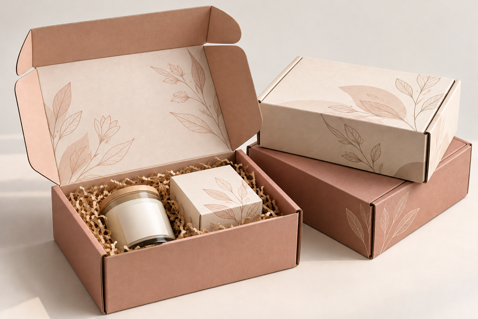 Custom printed candle shipping boxes with botanical design and protective shredded paper fill by Artsy Packaging UK