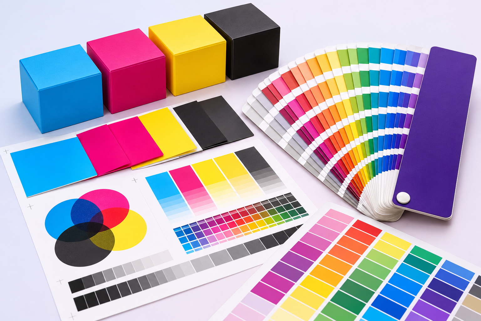 CMYK process chart and Pantone color guide book for custom pouch printing by Artsy Packaging UK