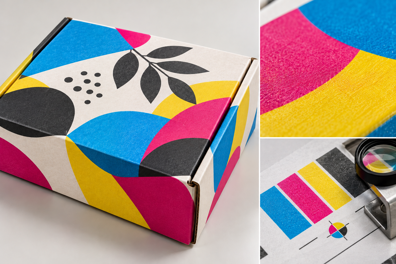 Vibrant full-color CMYK process printed mailer box with cyan, magenta, yellow, and black artwork by Artsy Packaging UK