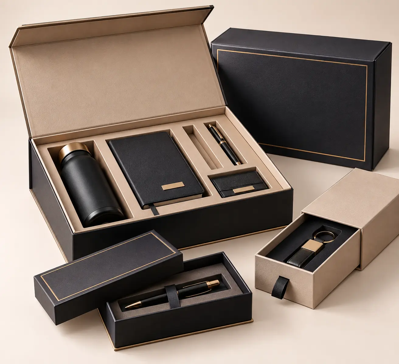 Corporate Gifts Custom rigid boxes with die-cut inserts for corporate gift sets and executive product presentation.