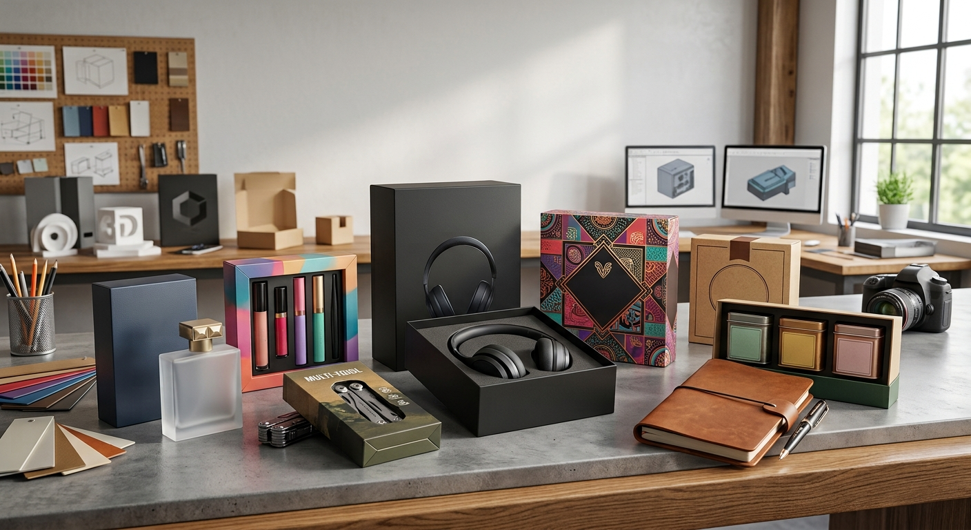 Custom printed tuck boxes for headphones cosmetics and retail product packaging display by Artsy Packaging UK