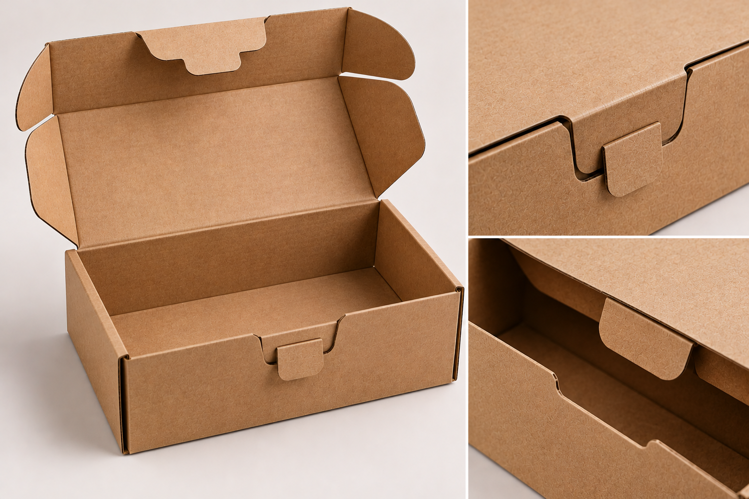 Custom kraft mailer box with front locking tab closure by Artsy Packaging UK