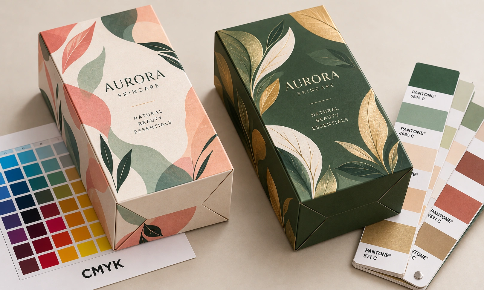 Custom CMYK process and Pantone spot color matching sample boxes with color swatches by Artsy Packaging UK