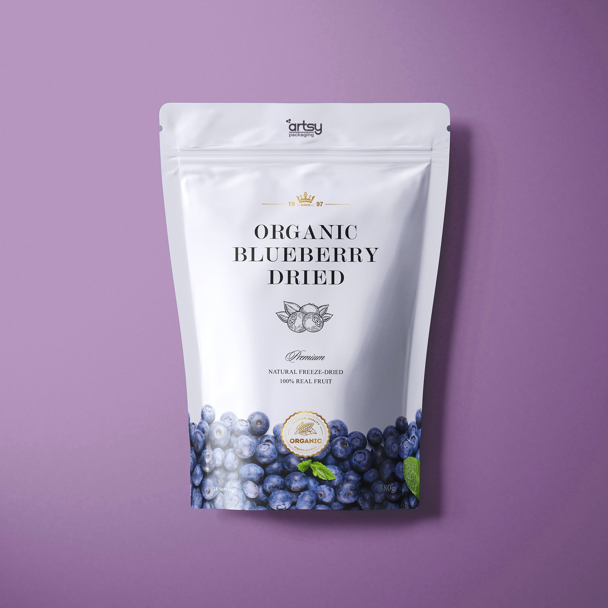 White resealable stand-up pouch with blueberry design and zipper seal