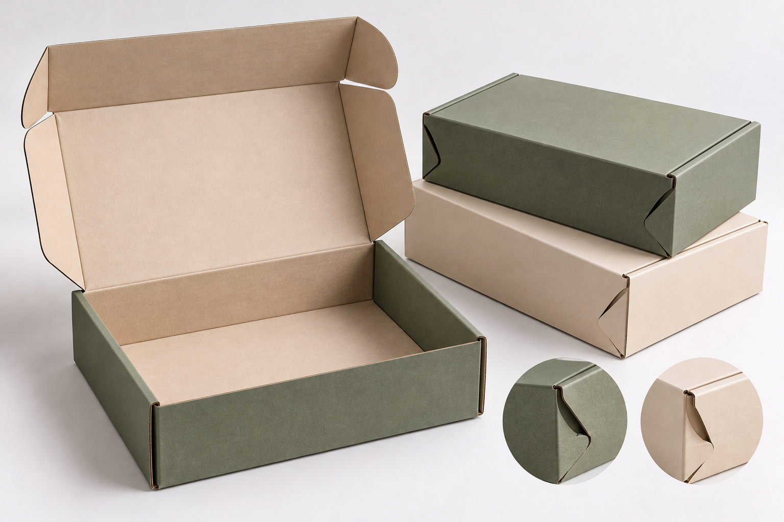 Custom sage green and beige ear lock mailer boxes with secure side tabs by Artsy Packaging UK