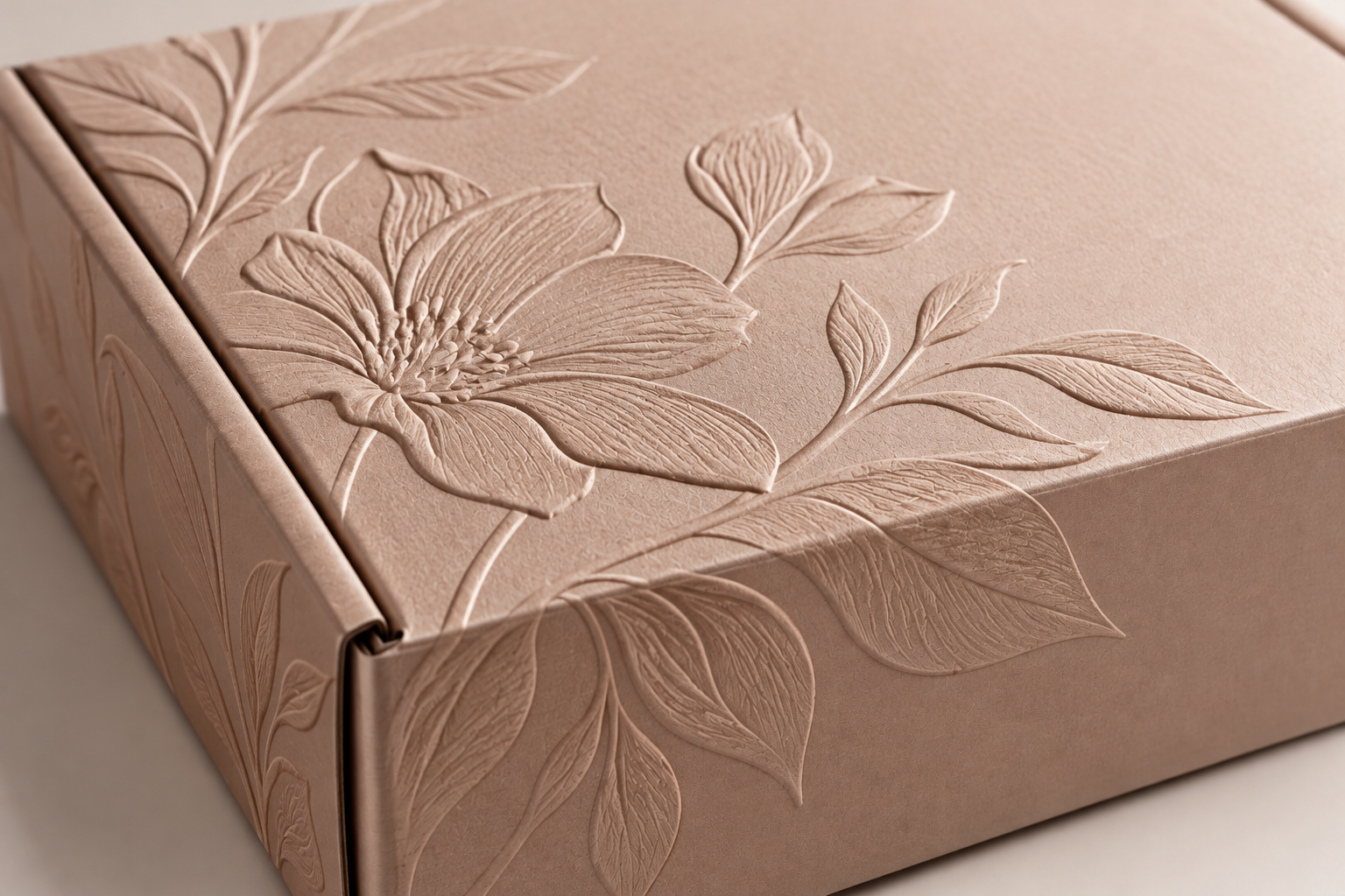 Custom luxury mailer box with 3D raised embossed floral artwork by Artsy Packaging UK