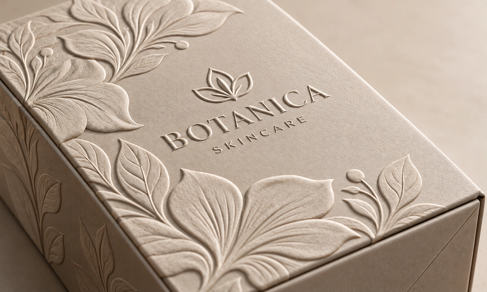 Custom embossed floral design on Botanica Skincare paperboard box by Artsy Packaging UK