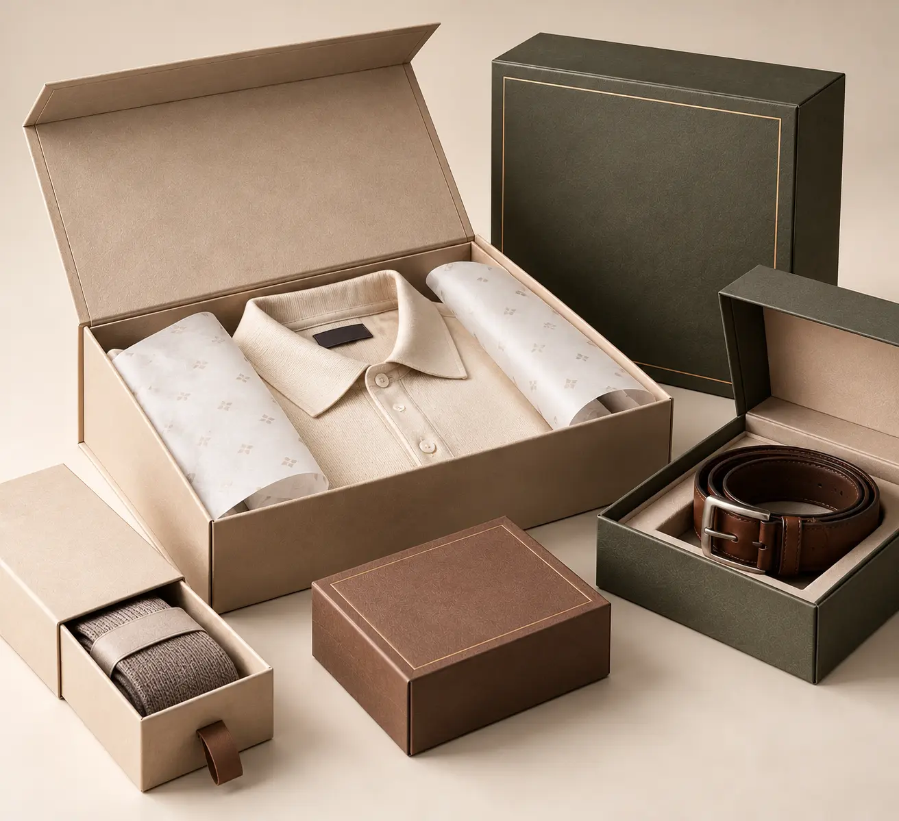 Custom rigid packaging boxes for apparel, shirts, belts, and luxury fashion accessories