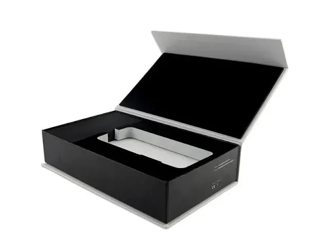 Custom Flip Top Boxes featuring a black hinged lid rigid box with a custom die-cut tray insert for electronics, cosmetics, and premium gift products.