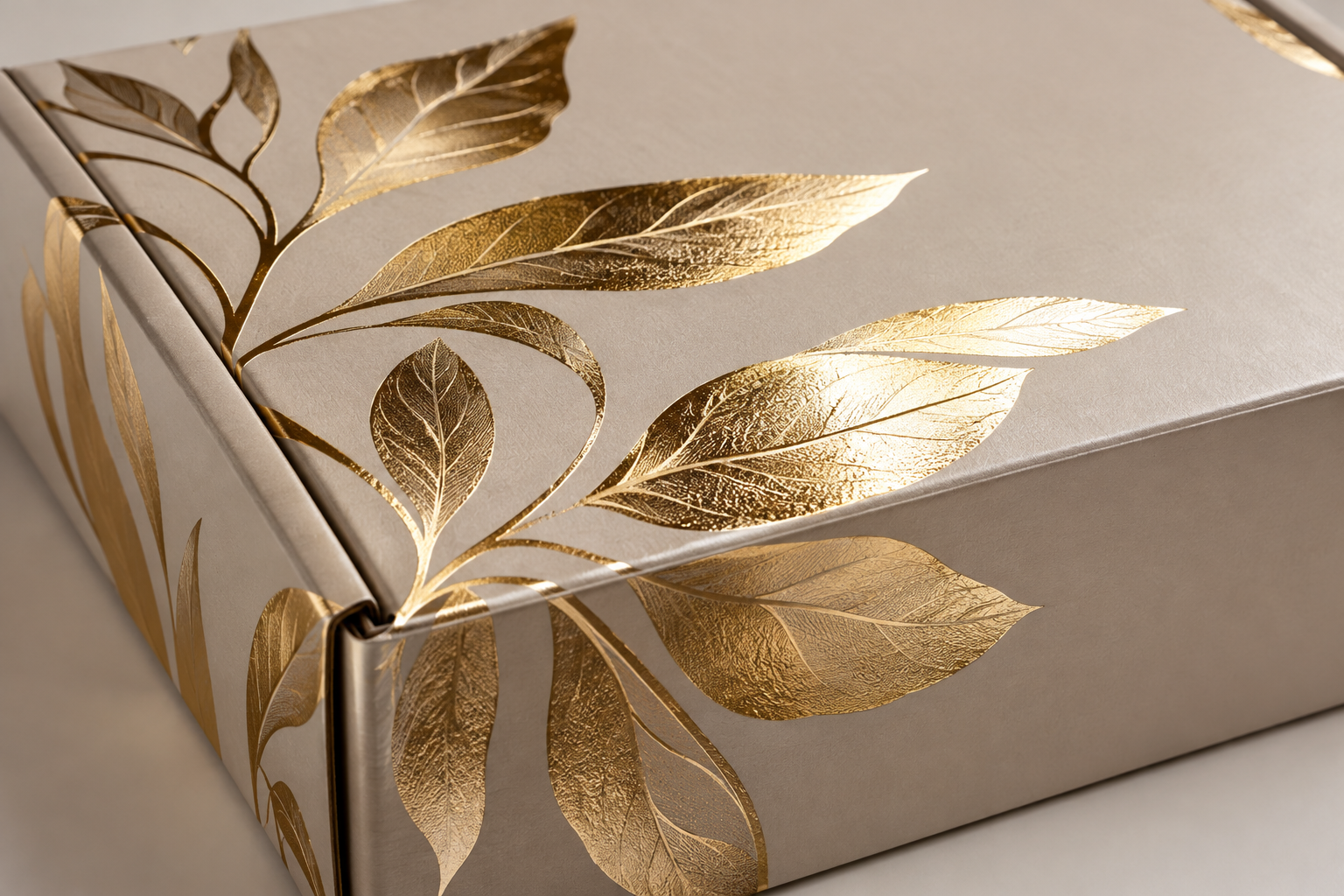 Custom mailer box with metallic gold foil stamping leaf pattern by Artsy Packaging UK