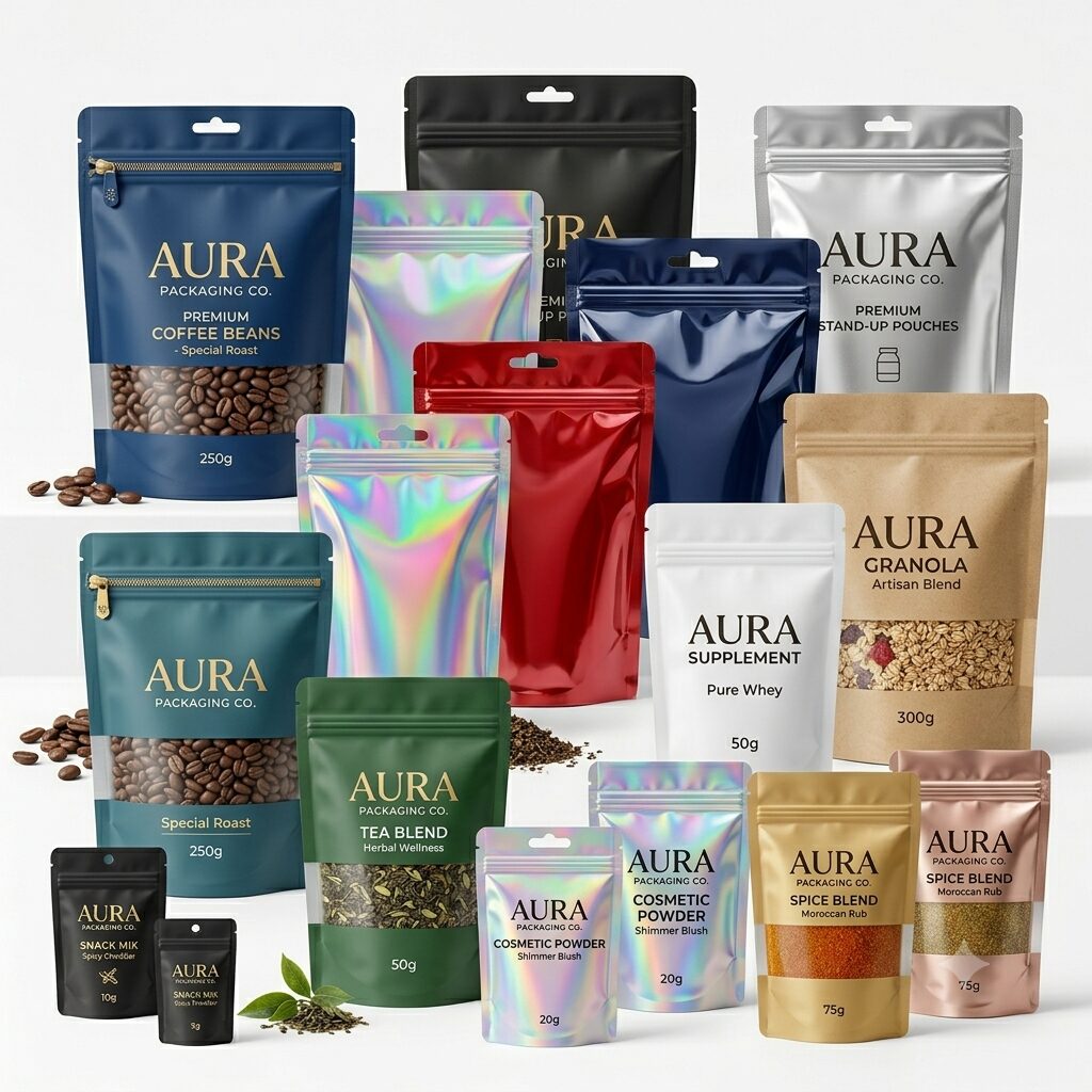 Printed custom mylar bags and stand-up pouches in different colours and finishes