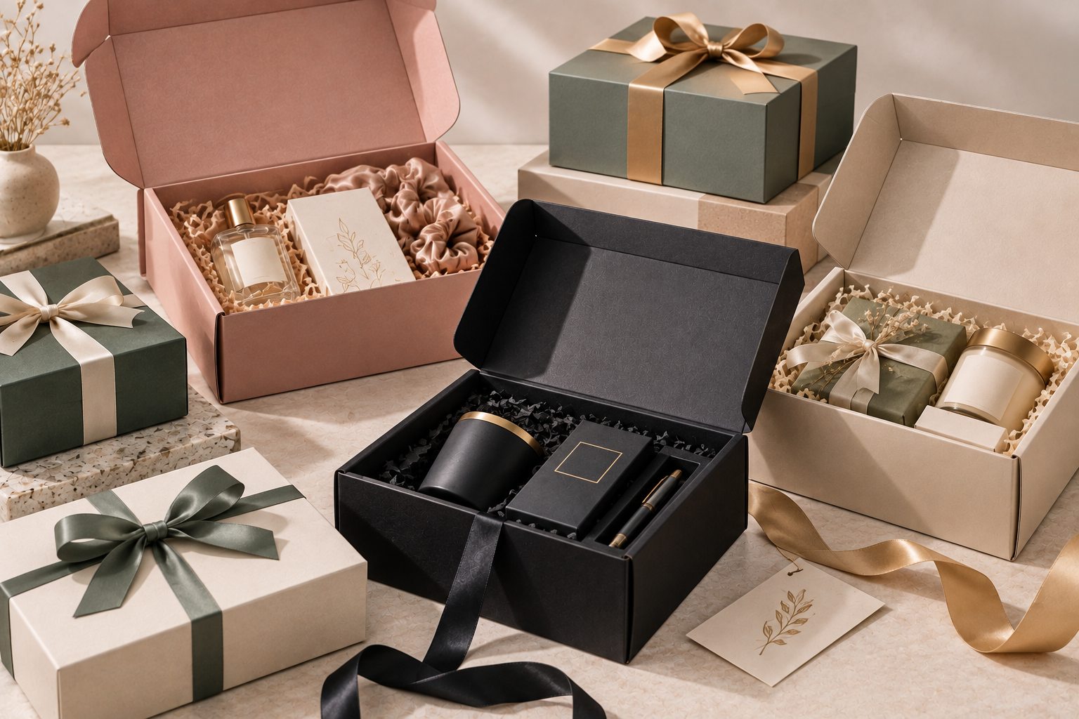 Custom rigid boxes with multiple compartments for luxury gift set presentation and product protection.