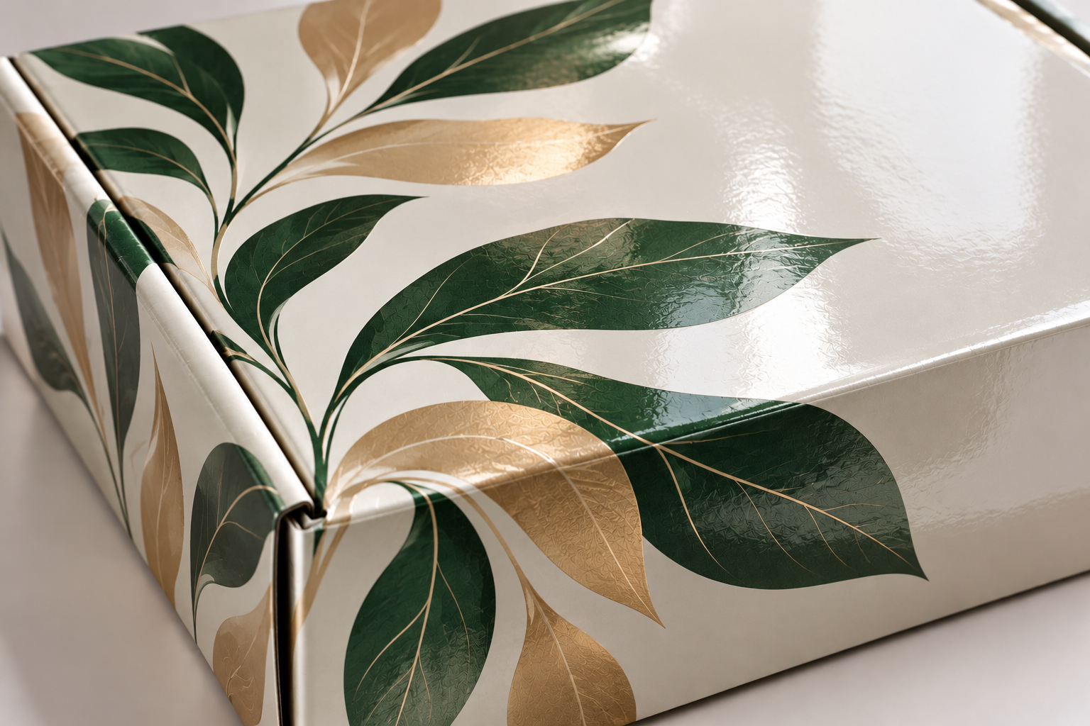 Glossy reflective coating on custom printed botanical shipping box