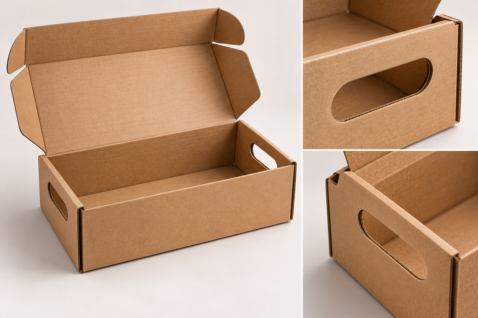 Kraft mailer box with built-in die-cut side carrying handles by Artsy Packaging UK