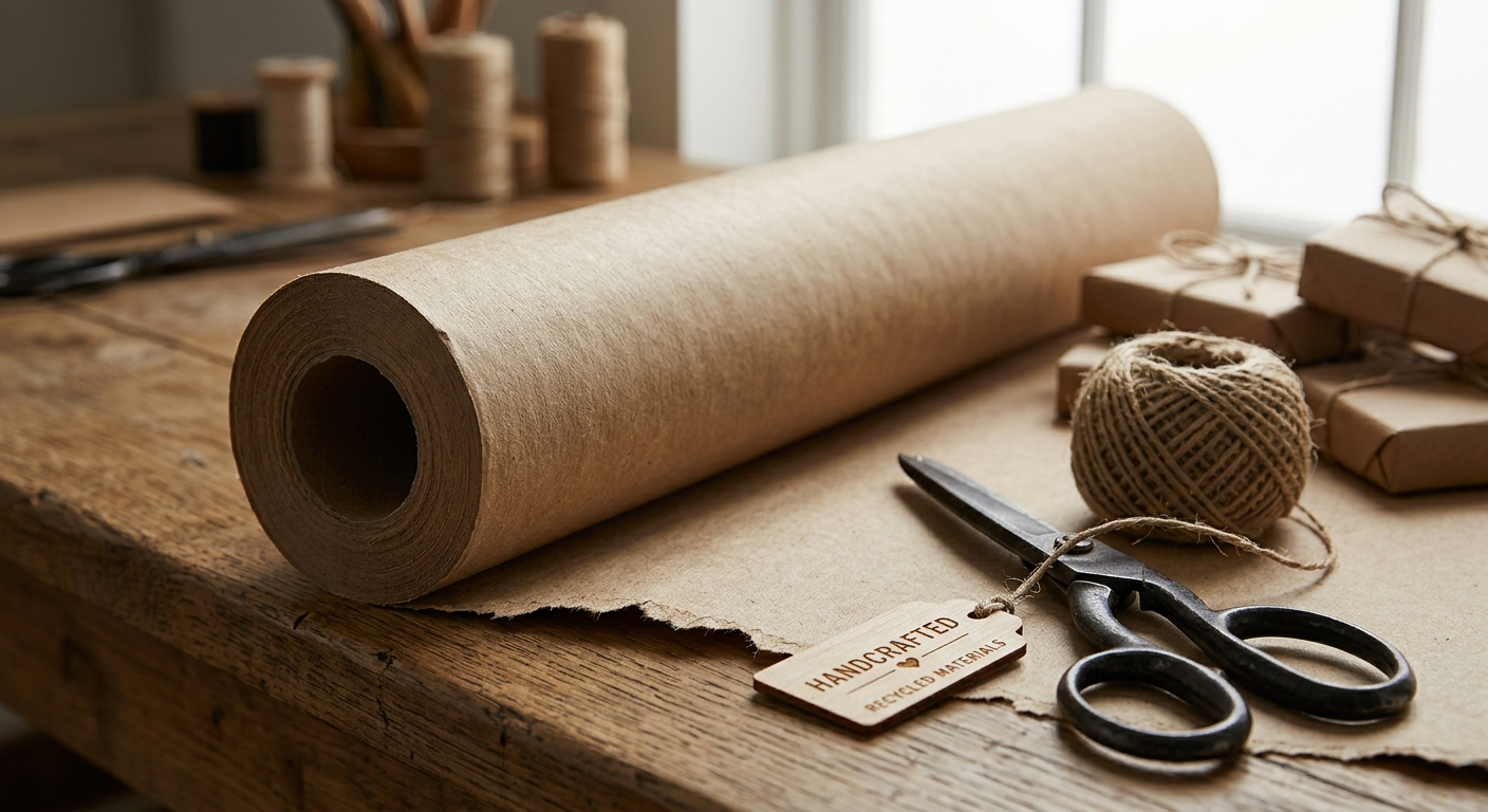 Kraft Wrapping featuring a roll of natural brown kraft paper with twine and scissors for custom rigid box outer wrapping and sustainable packaging design.