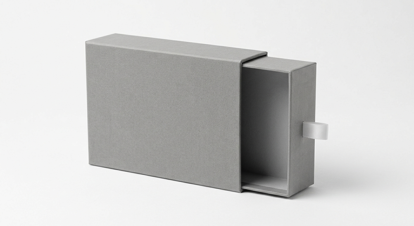 Slipcase Boxes featuring a grey rigid sliding outer sleeve with a ribbon pull tab for books, electronics, luxury gifts, and presentation sets.