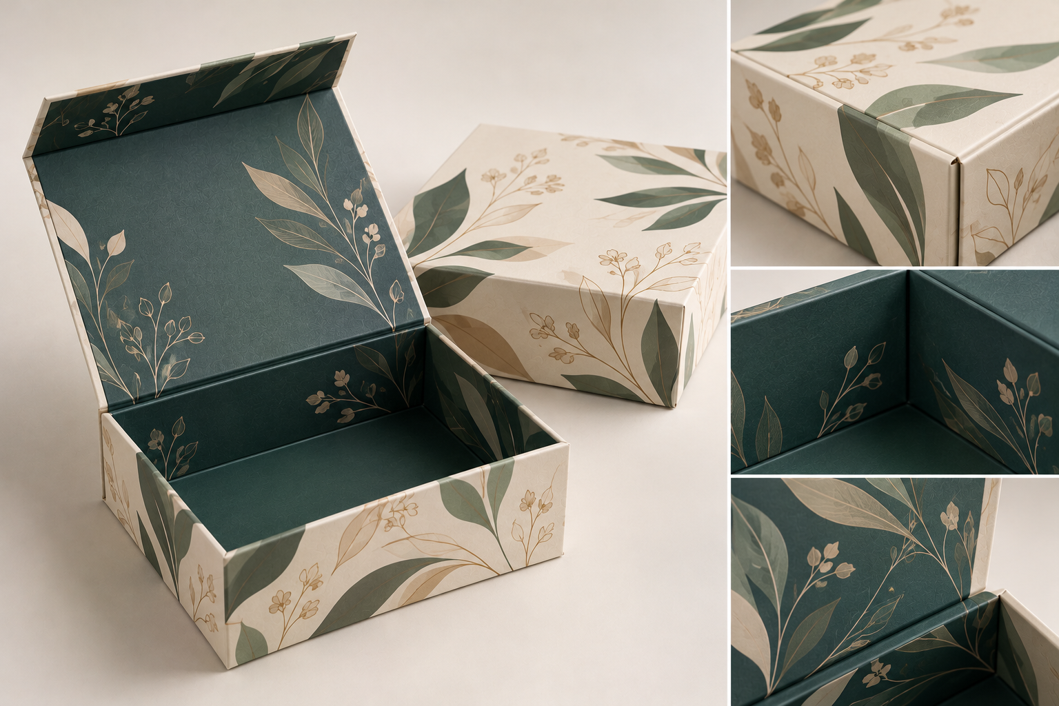 Custom double-sided printed mailer box with inside and outside botanical print artwork by Artsy Packaging UK