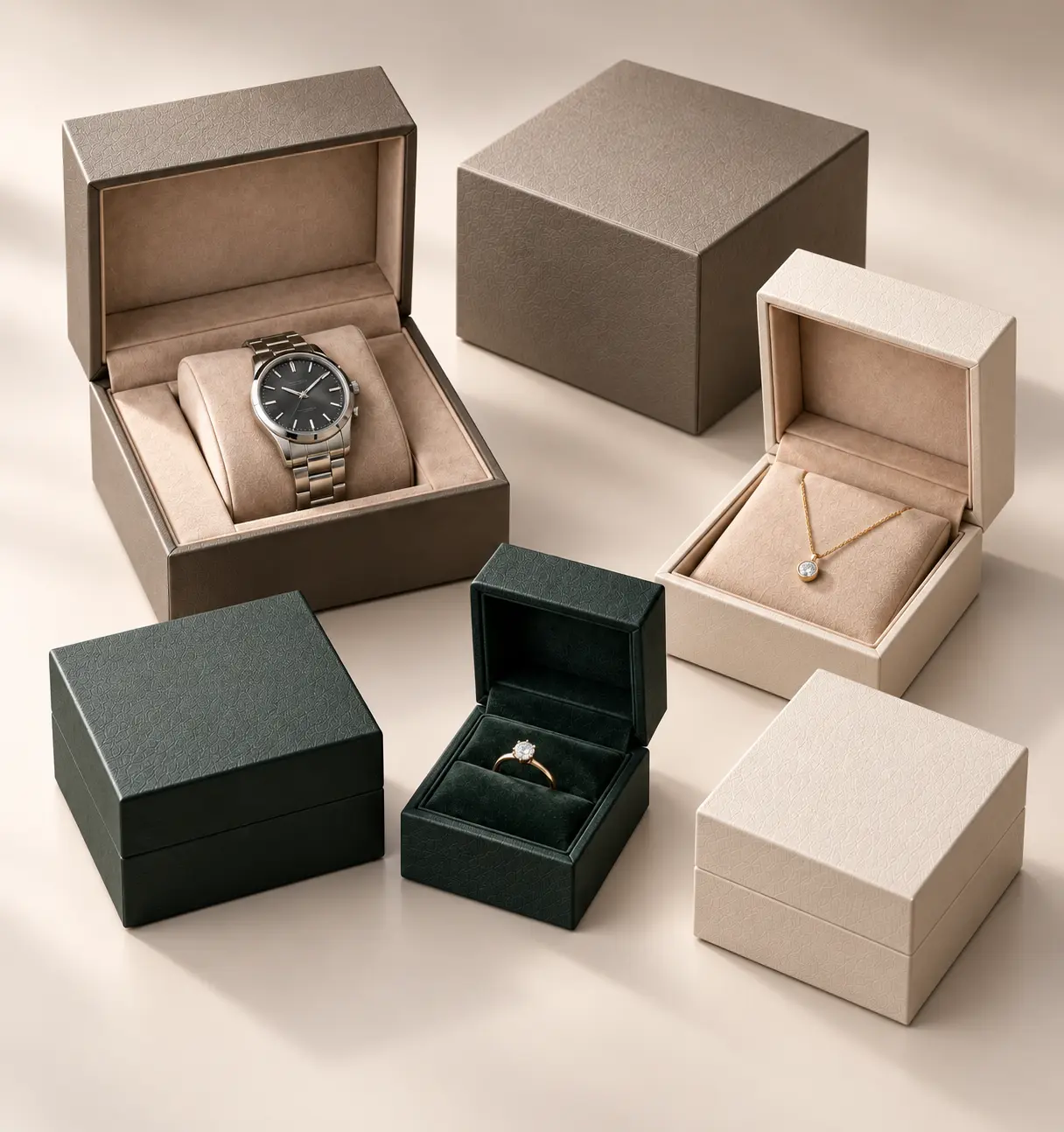 Custom luxury rigid gift boxes with velvet inserts for watches necklaces and rings by Artsy Packaging UK