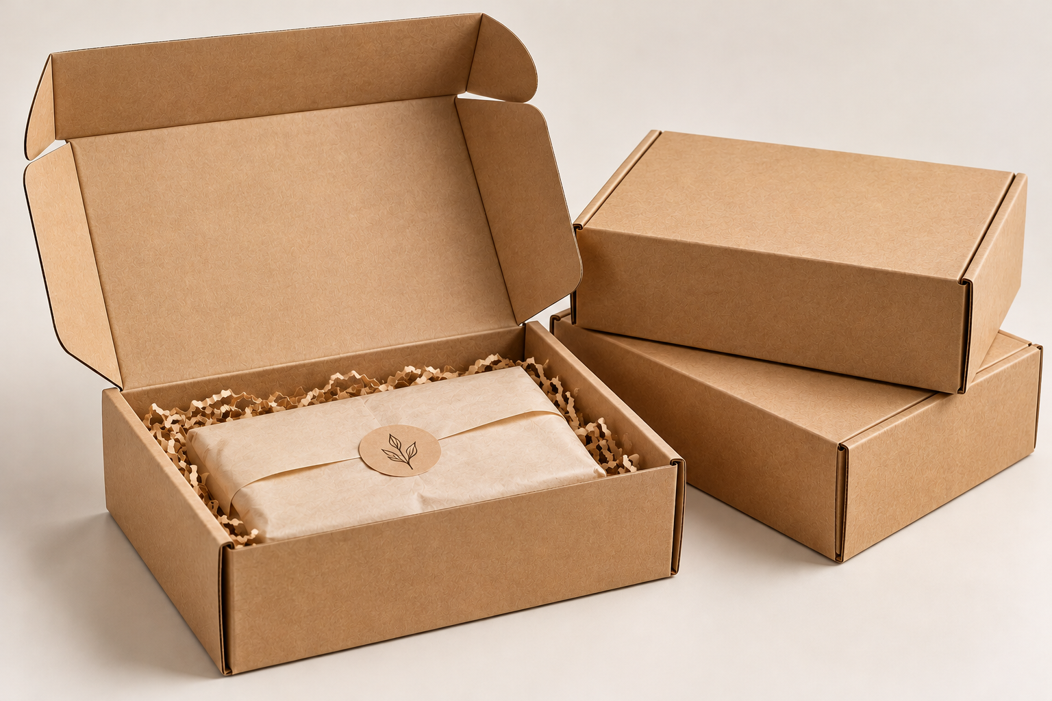Eco-friendly brown kraft mailer boxes with shredded paper and tissue wrapping by Artsy Packaging UK