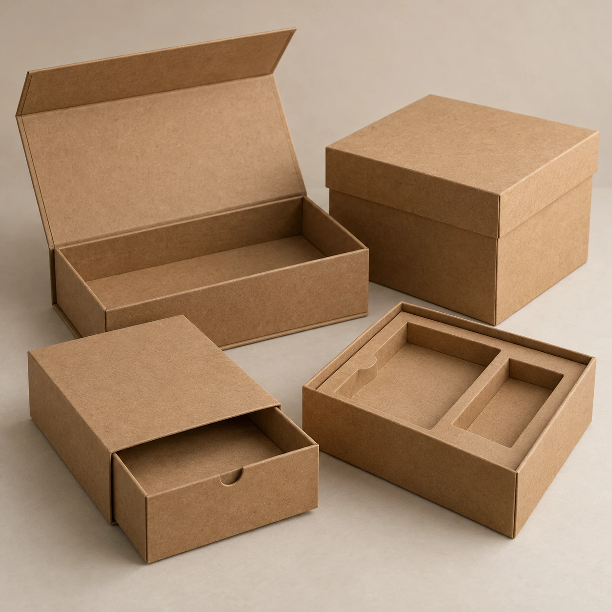 Kraft Rigid Boxes featuring natural eco-friendly brown kraft paperboard boxes with custom structural inserts for sustainable products, cosmetics, and gifts.