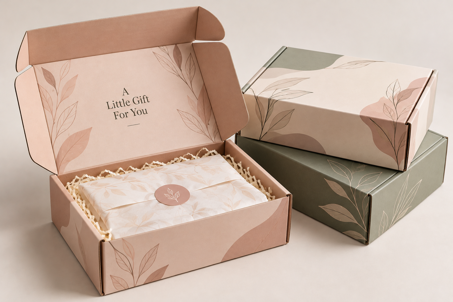 Custom branded mailer gift boxes with botanical print and tissue paper wrapping by Artsy Packaging UK