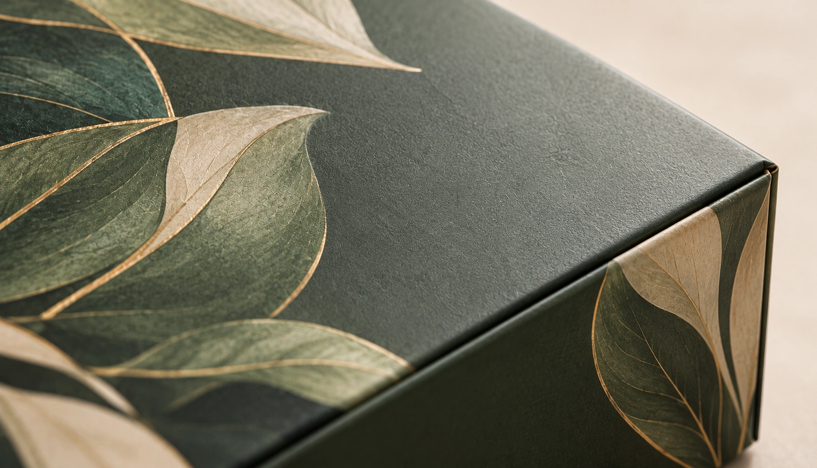 Custom matte laminated botanical green tuck box finish by Artsy Packaging UK