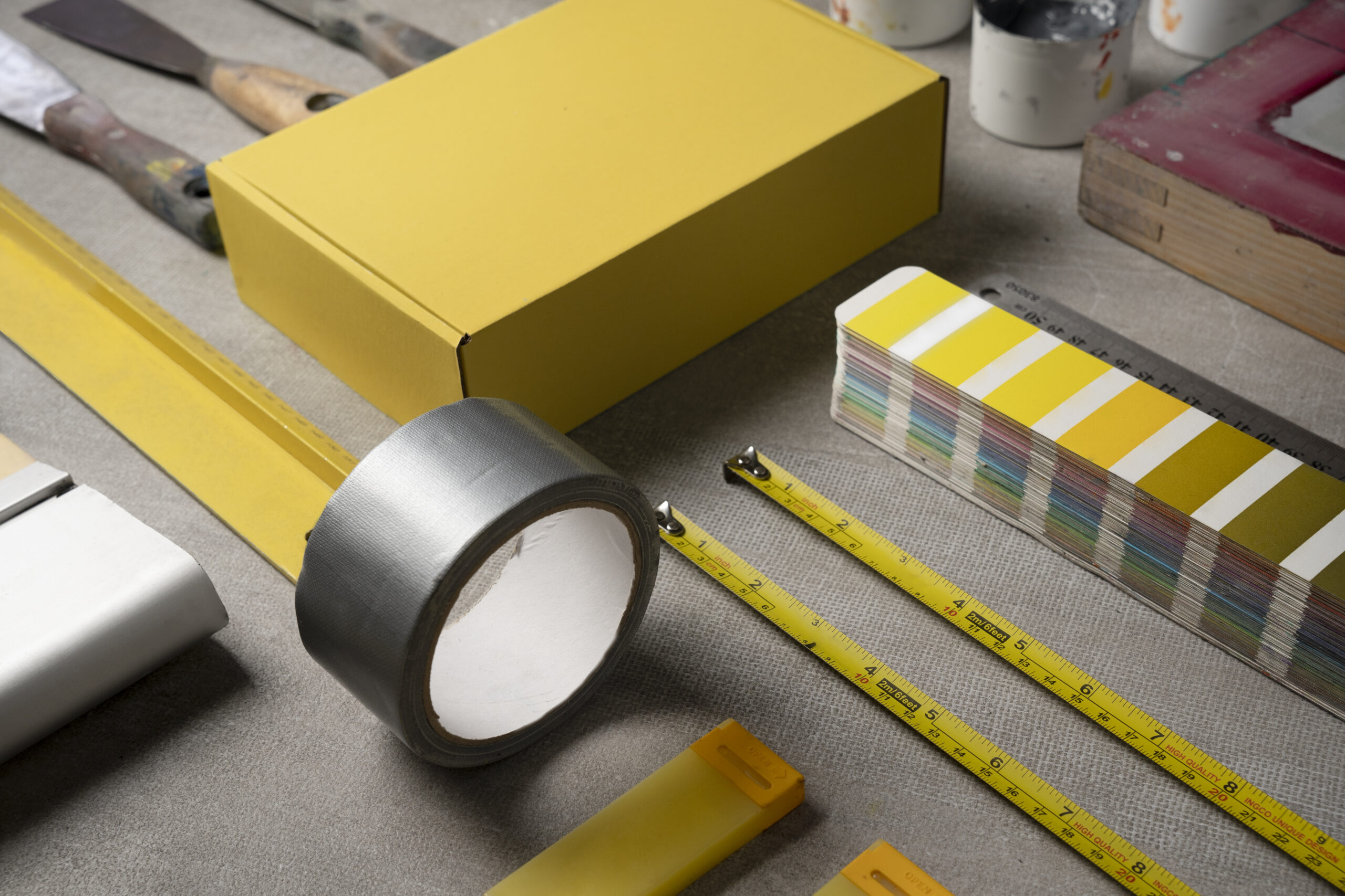 measuring tools tape arrangement, Eco-friendly recyclable packaging materials with yellow mailer box, tape, and color swatches by Artsy Packaging UK