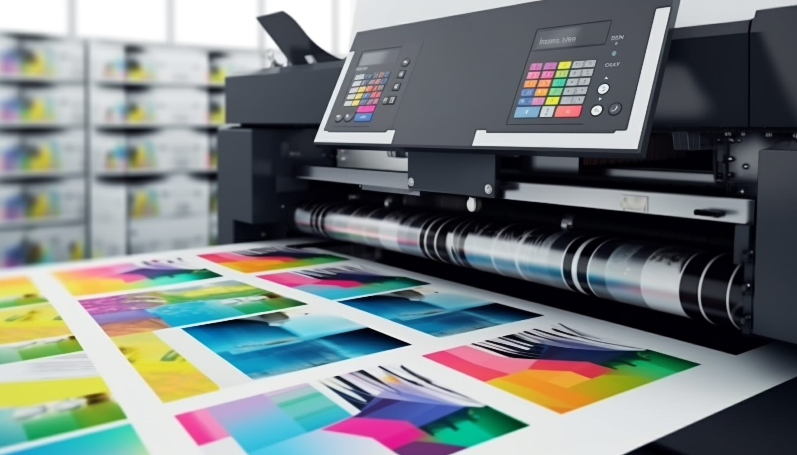 Offset Printing machine producing large-scale high-volume full-color printed paper sheets using printing plates for custom rigid box packaging.