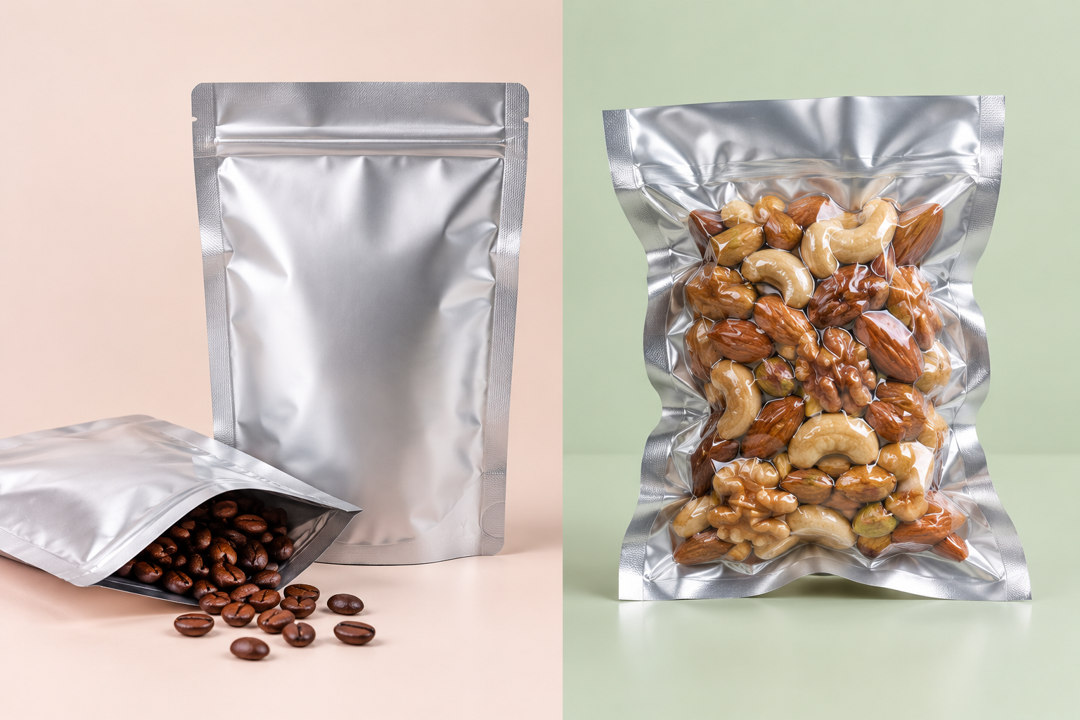 Silver heat seal pouch with coffee beans and vacuum sealed transparent bag with mixed nuts by Artsy Packaging UK
