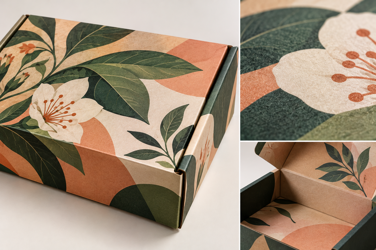 High-quality offset printed mailer box with detailed floral artwork by Artsy Packaging UK
