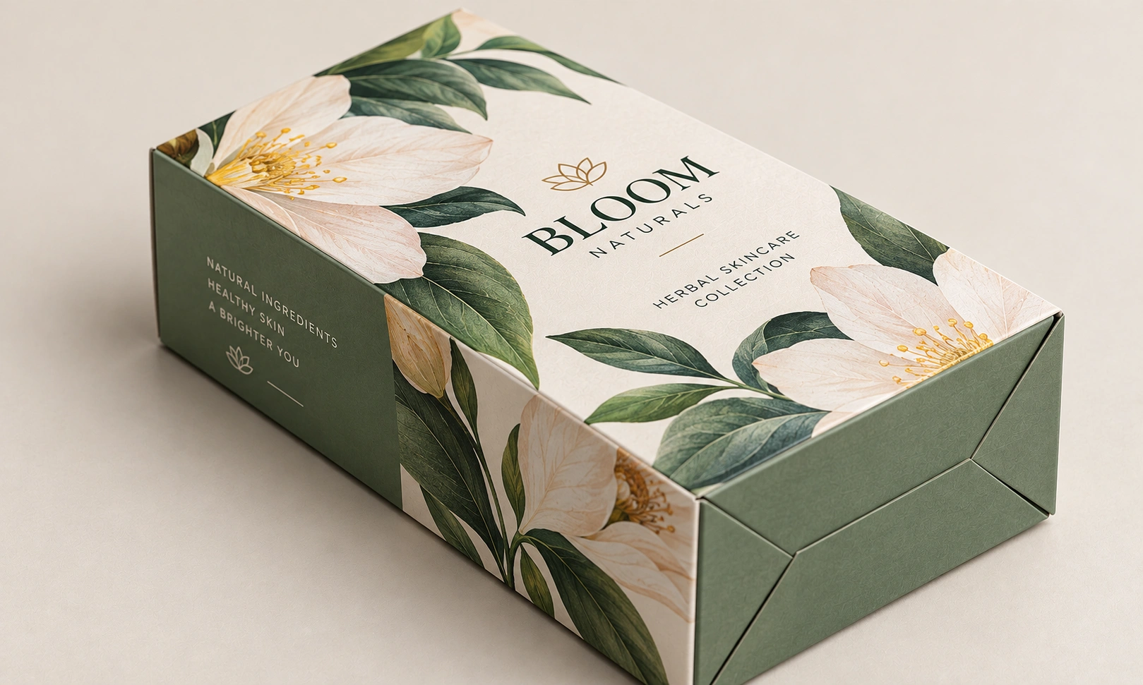 High-volume offset printed Bloom Botanicals box with floral artwork by Artsy Packaging UK