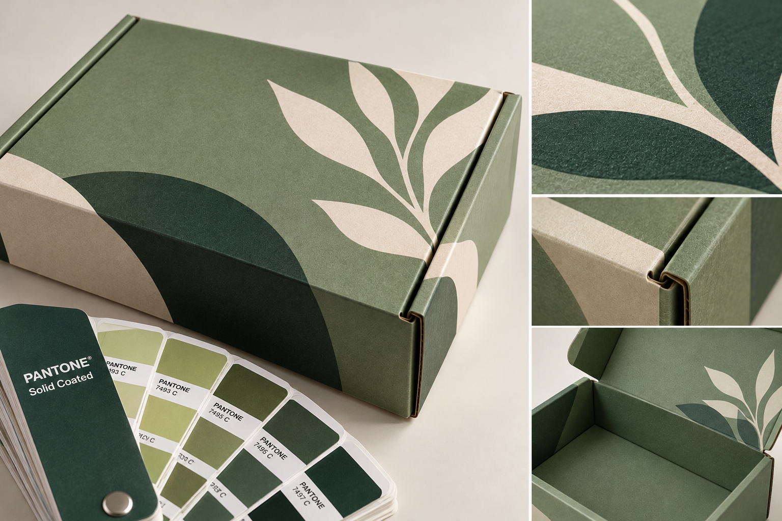Pantone color matched sage green mailer box with PMS color guide swatches by Artsy Packaging UK