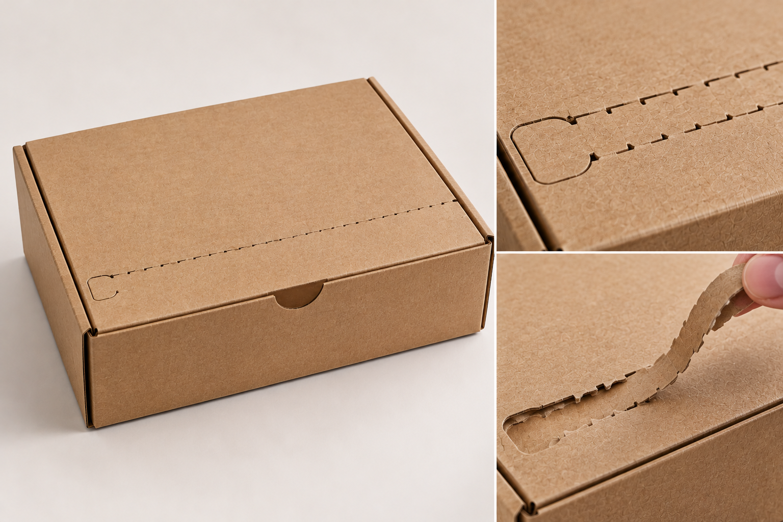 Cardboard mailer box featuring easy-open perforated tear line by Artsy Packaging UK