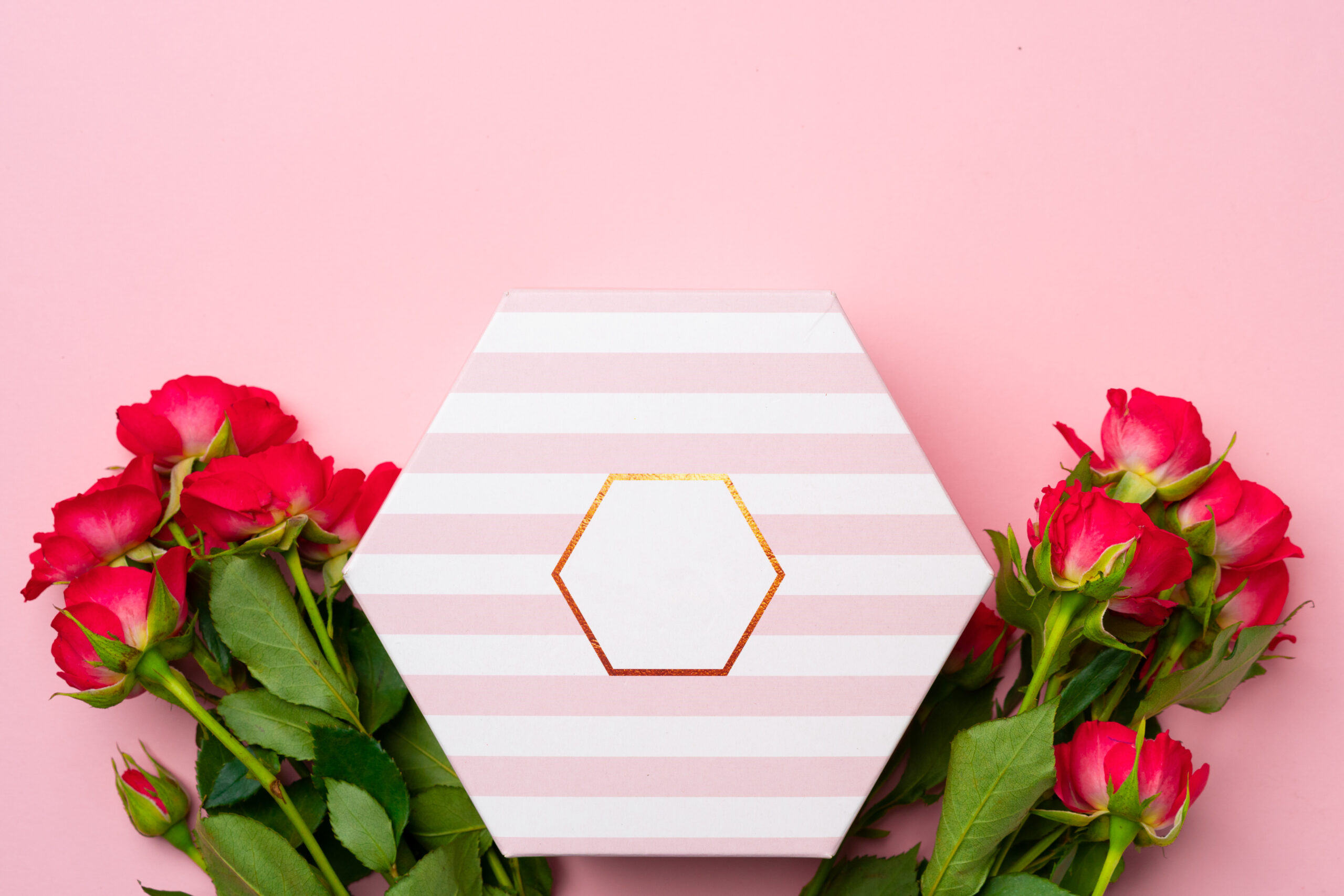 pink roses and gift box top view 2026 03 19 03 58 11 utc