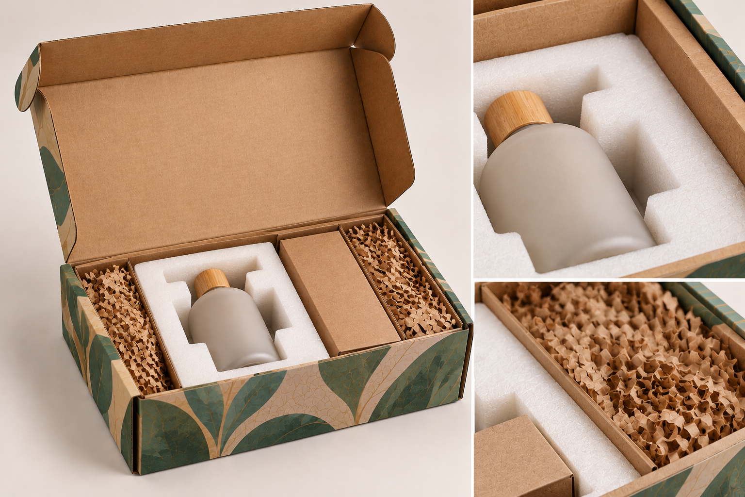 Custom foam packaging padding with glass bottle inside mailer box by Artsy Packaging UK