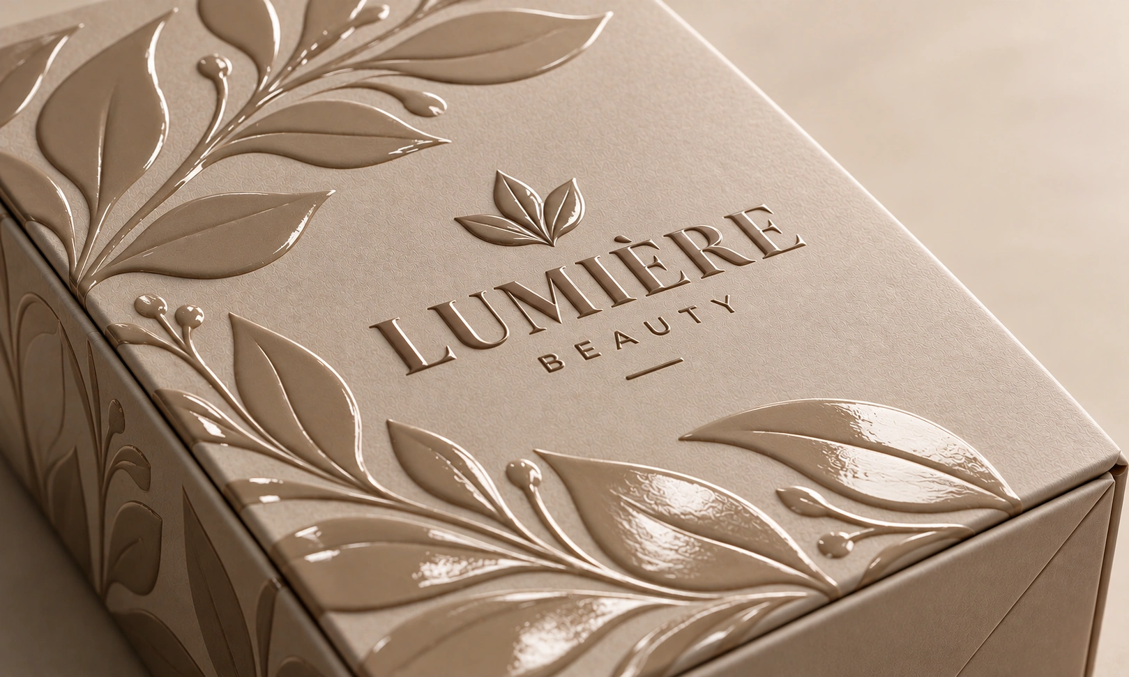 3D raised UV ink glossy texture on Lumière Beauty custom printed box by Artsy Packaging UK