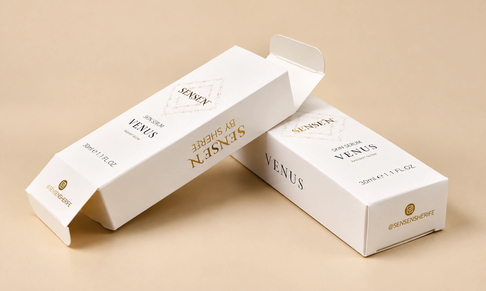 White custom printed reverse tuck end boxes with gold foil branding by Artsy Packaging UK